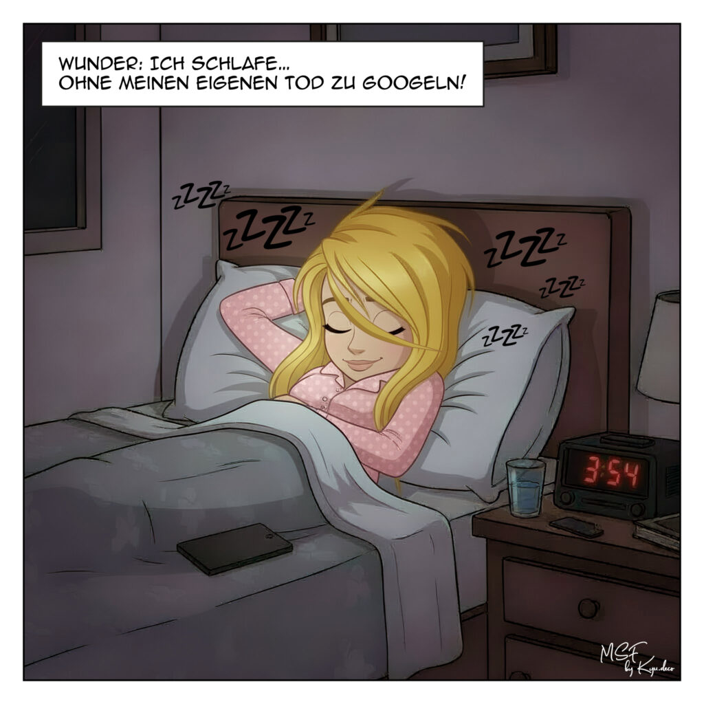 Frau schläft ruhig im Bett, Handy liegt beiseite, Symbol für mehr Ruhe und Freiheit im Alltag einer (ex?) Angstgeplagten