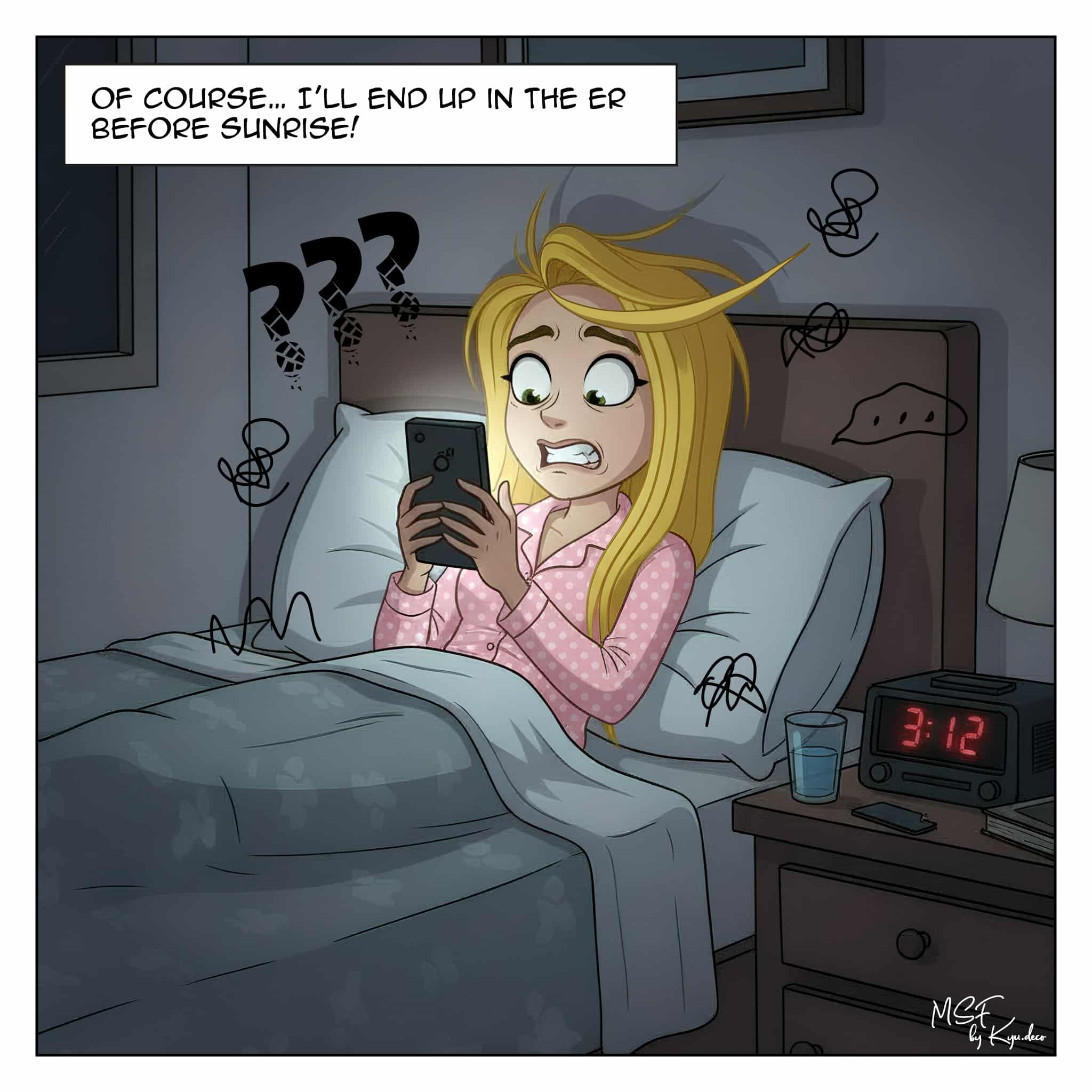 Woman lying in her bed at night, staring at her phone, overwhelmed by intrusive thoughts and mental agitation, illustrating the journal of a (ex?) anxious woman and nights of anxiety.