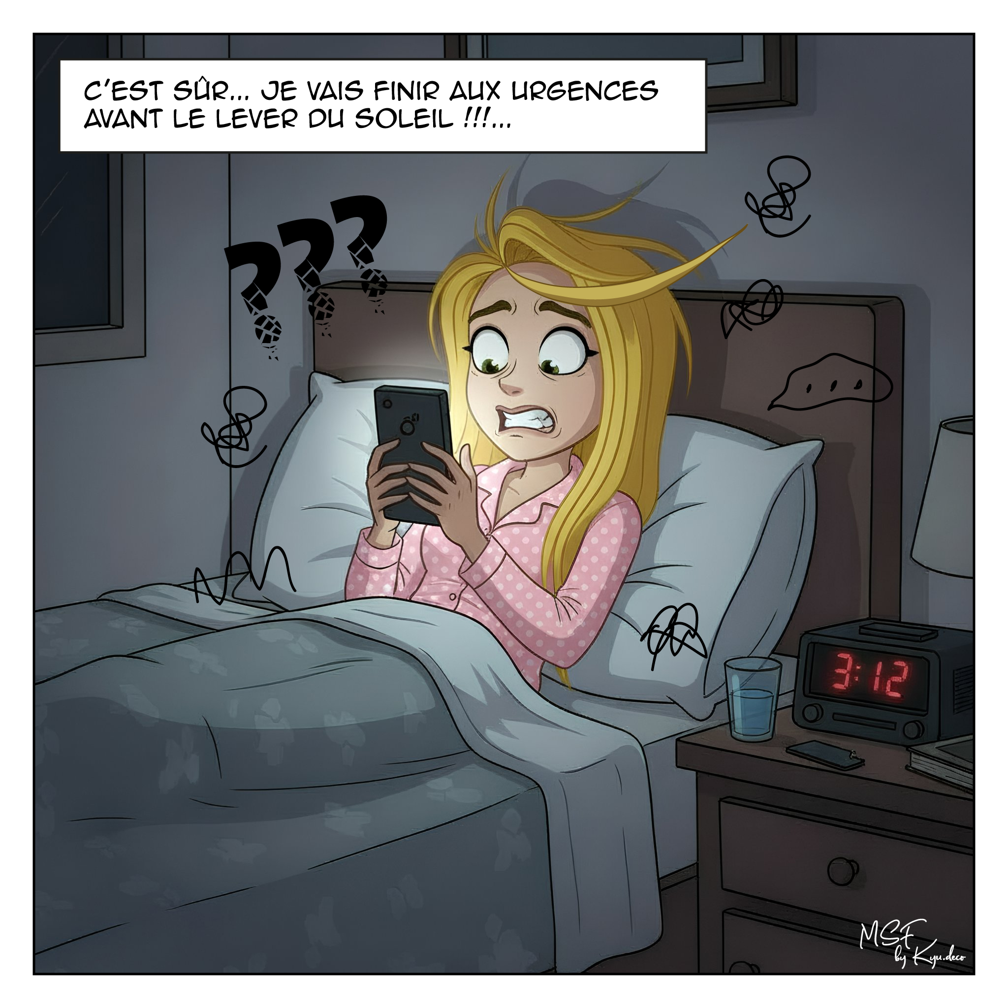 Femme allongée dans son lit la nuit, regard fixé sur son téléphone, pensées envahissantes et agitation mentale illustrant le journal d’une (ex?) angoissée et les nuits d’angoisse.