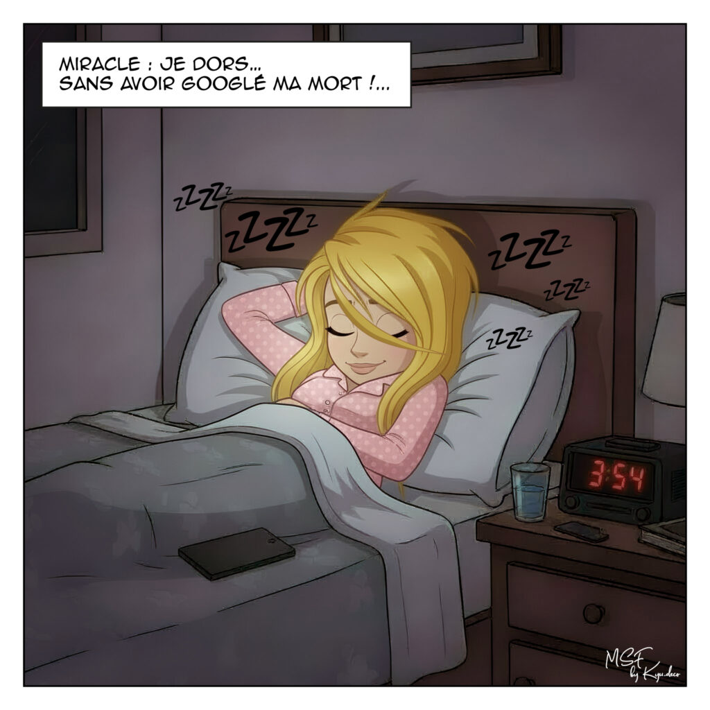 Femme dormant paisiblement dans son lit, téléphone posé à côté, symbole d’apaisement et de liberté retrouvée dans le journal d’une (ex?) angoissée.