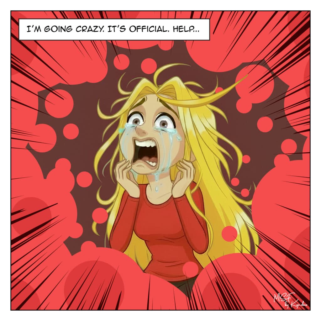Woman crying in panic, overwhelmed by fear, illustrating a panic attack in the journal of a (ex?) anxious woman.