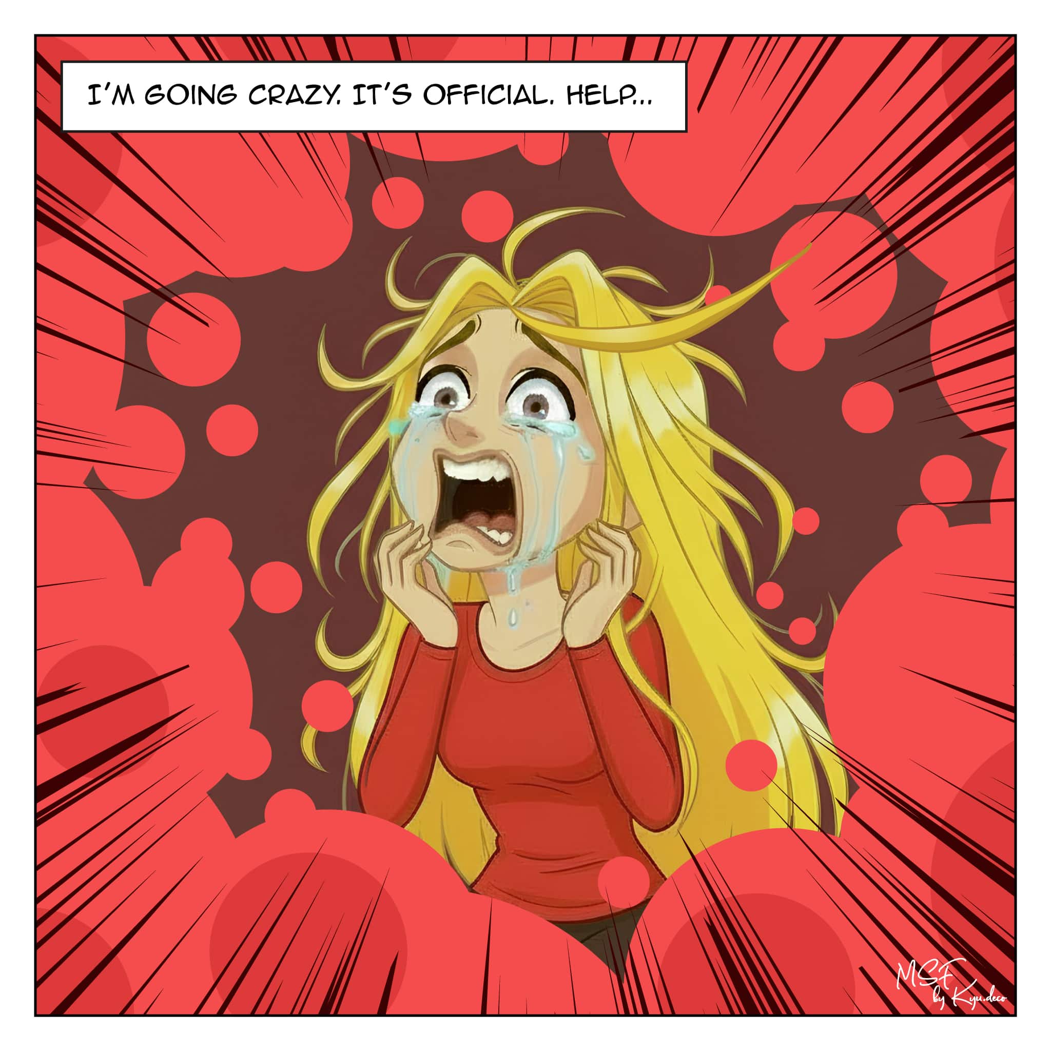 Woman crying in panic, overwhelmed by fear, illustrating a panic attack in the journal of a (ex?) anxious woman.