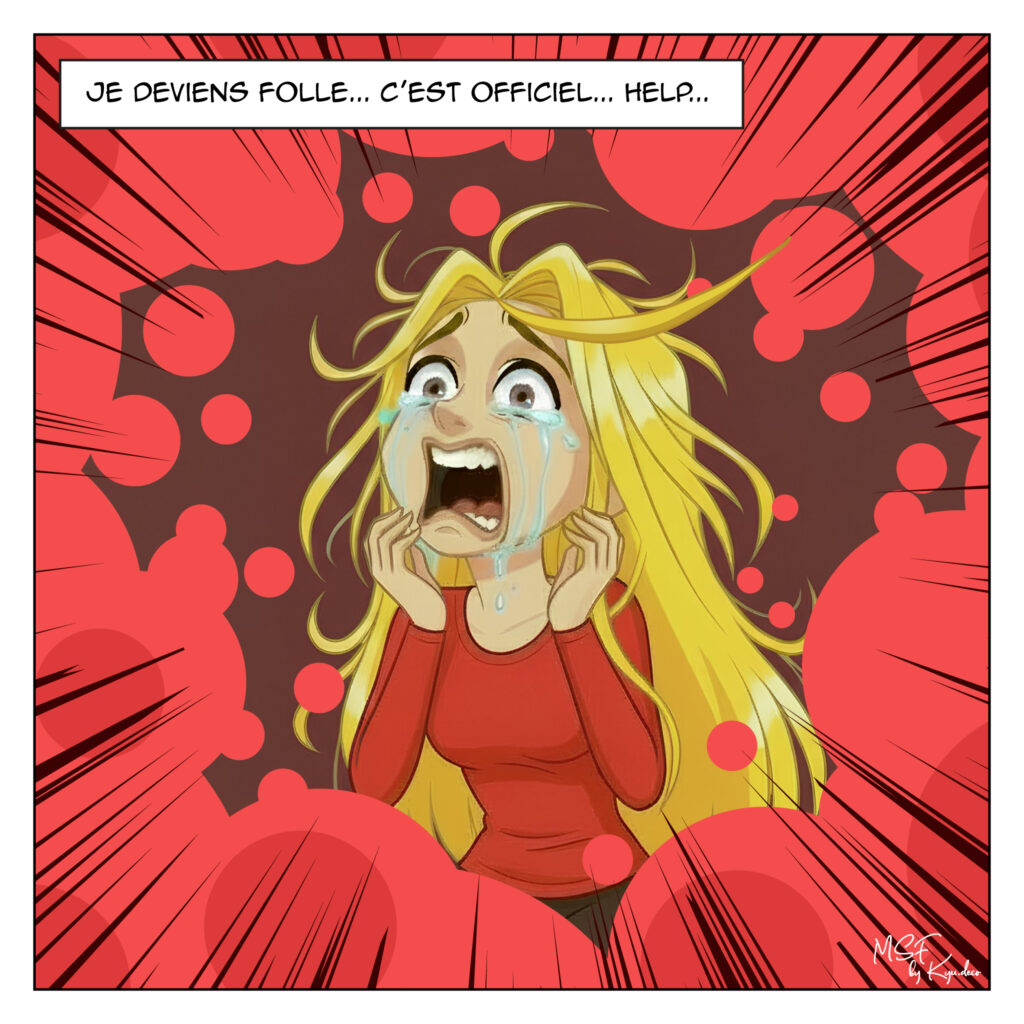 Femme paniquée en larmes, envahie par la peur, illustrant une crise d’angoisse dans le journal d’une (ex?) angoissée.