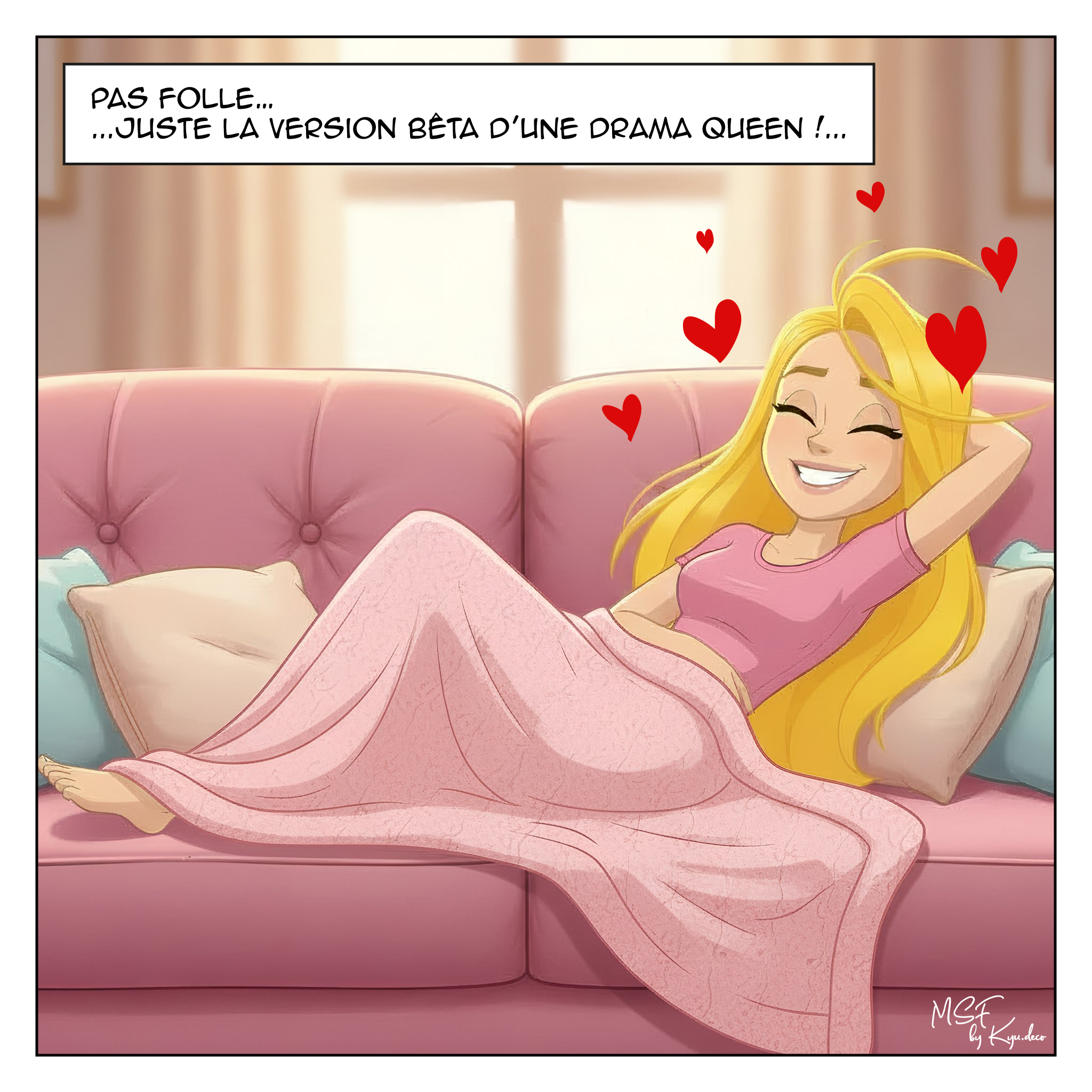 Femme détendue souriante sur un canapé, après une crise d’angoisse, illustrant le journal d’une (ex?) angoissée.