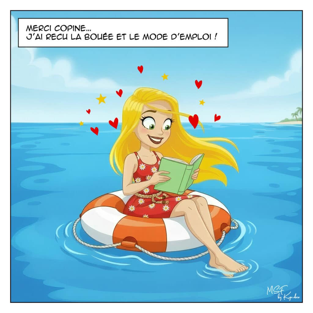 Le lendemain d’une crise d’angoisse : une jeune femme soulagée retrouve le calme en lisant, assise sur une bouée de sauvetage au milieu de la mer.