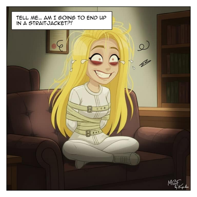 Woman sitting tense in an armchair, imagining ending up in a straitjacket while considering seeking panic attack help.