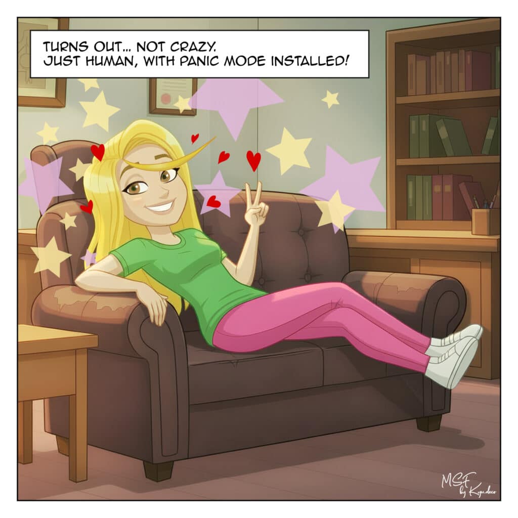 Woman sitting relaxed in an armchair, smiling with relief after finding panic attack help and feeling hopeful.