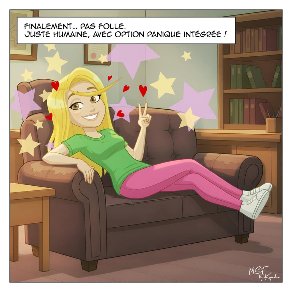 Femme détendue dans un fauteuil, sourire apaisé, illustrant le soulagement après avoir trouvé une aide pour sa crise d’angoisse.