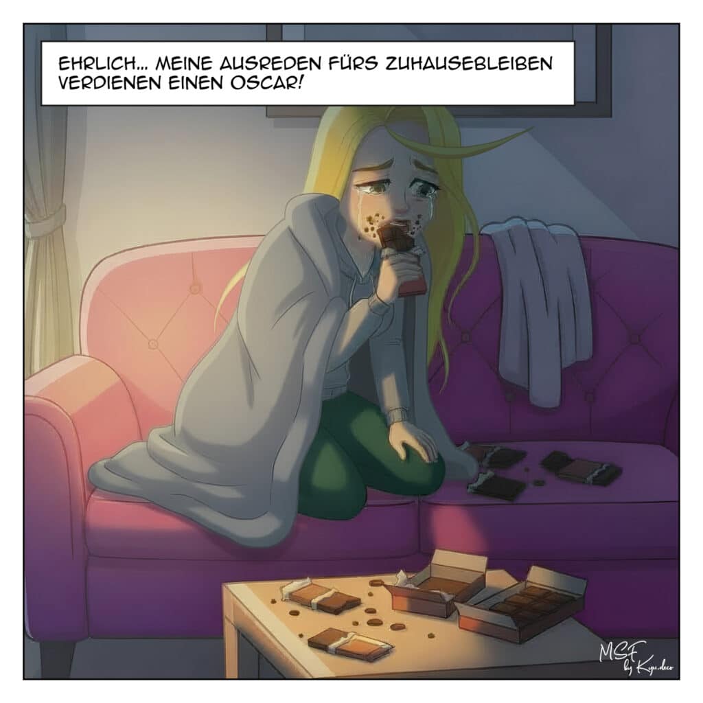 Frau sitzt in der Küche mit einem Stück Schokolade, Sinnbild für den Versuch, ihr Serotonin natürlich zu steigern.