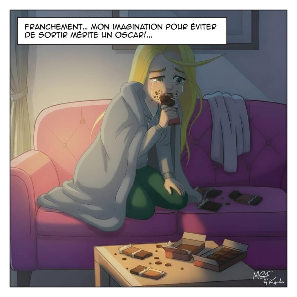 Femme assise sur un canapé enroulée dans une couverture, mangeant du chocolat dans un moment de repli, illustrant sa tentative d’augmenter la sérotonine naturellement malgré l’angoisse.