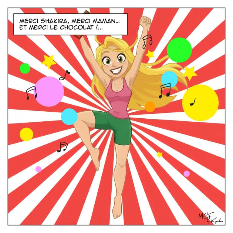 Femme dansant avec énergie sur fond coloré, sourire lumineux, illustrant sa décision d’augmenter la sérotonine naturellement grâce au mouvement.