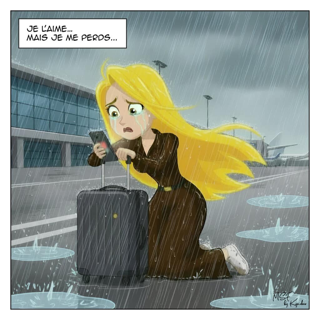 Femme sous la pluie à l’aéroport, en larmes avec une valise, illustrant la peur d’être seule dans le journal d’une (ex?) angoissée.