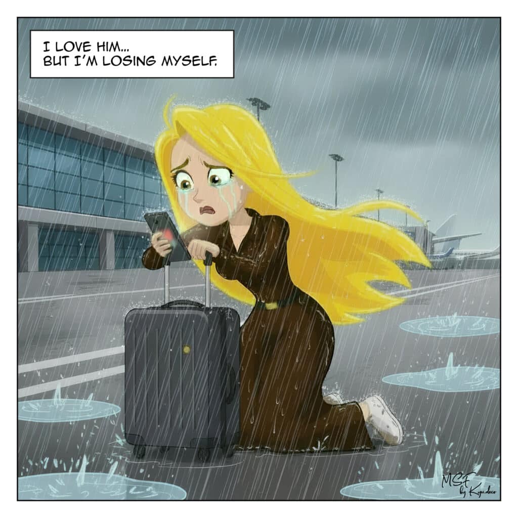 Woman crying on an airport bench with a suitcase, illustrating the fear of being alone in Diary of an (ex?) Anxious Woman.