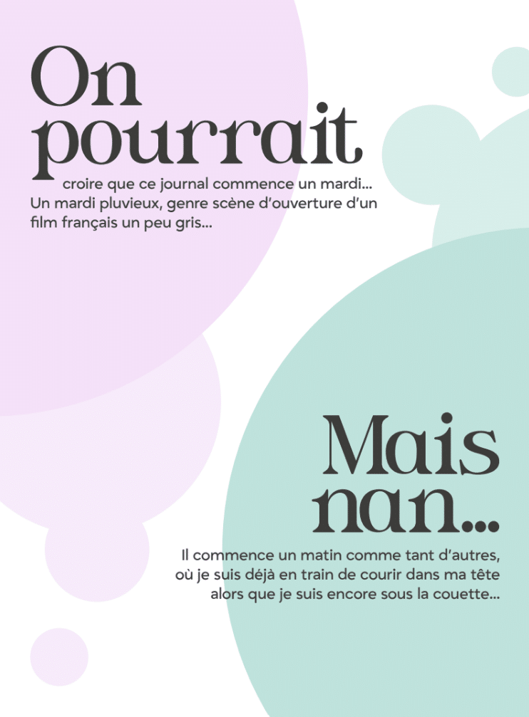 Premières pages du ebook „Le journal d'une (ex?) angoissée”. Introduction illustrée racontant le début d’une journée ordinaire dans la tête d’une personne souffrant d’anxiété, de ruminations et de pensées envahissantes.