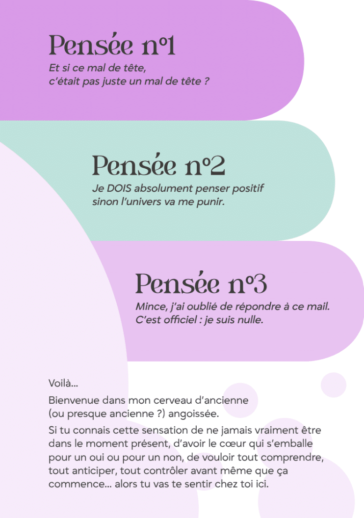 Extrait du ebook montrant les pensées automatiques et catastrophiques typiques de l’anxiété : inquiétudes pour la santé, besoin de contrôle et autocritique excessive. Illustration du fonctionnement d’un cerveau anxieux.