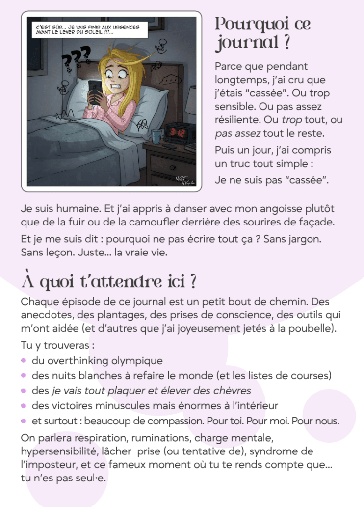 Page illustrée du ebook présentant l’autrice, Magda Sajewicz Fessy. Un message bienveillant et plein d’humour destiné aux personnes vivant avec l’anxiété, les attaques de panique ou l’hypervigilance.