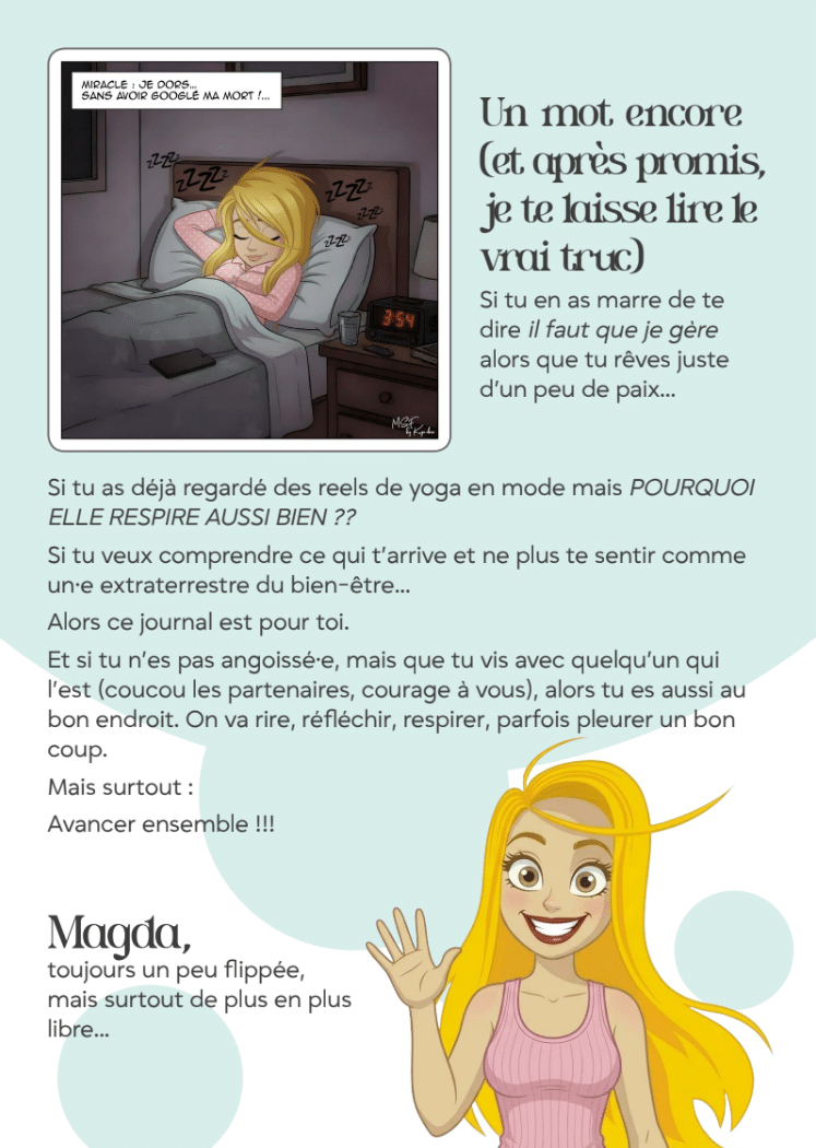 Présentation du ebook „Le journal d'une (ex?) angoissée”. L’autrice explique son parcours avec l’anxiété, les attaques de panique et l’hypocondrie, ainsi que les thèmes abordés dans ce récit illustré et authentique.