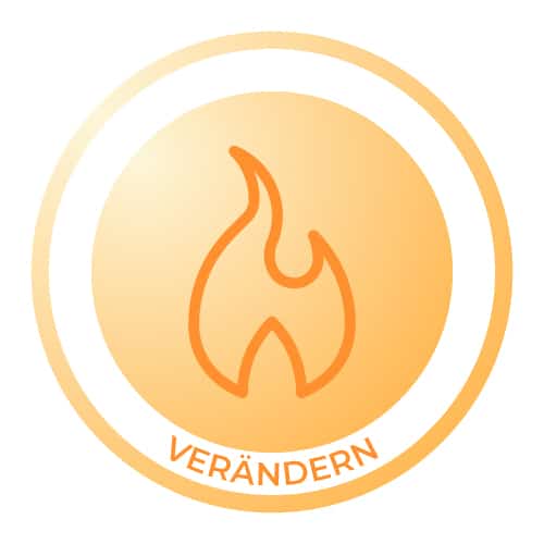 Flammen-Symbol in einem orangefarbenen Kreis. Es steht für die Phase «Verändern» der MSF Compass Method™: neue Denkweisen entwickeln, Mut aufbauen und gewünschte Veränderungen umsetzen.