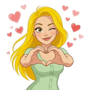Illustration d’une femme blonde souriante formant un cœur avec ses mains. Entourée de petits cœurs roses, elle symbolise l’amour de soi, la bienveillance, l’acceptation de soi et le retour à un état de sérénité après une période difficile.