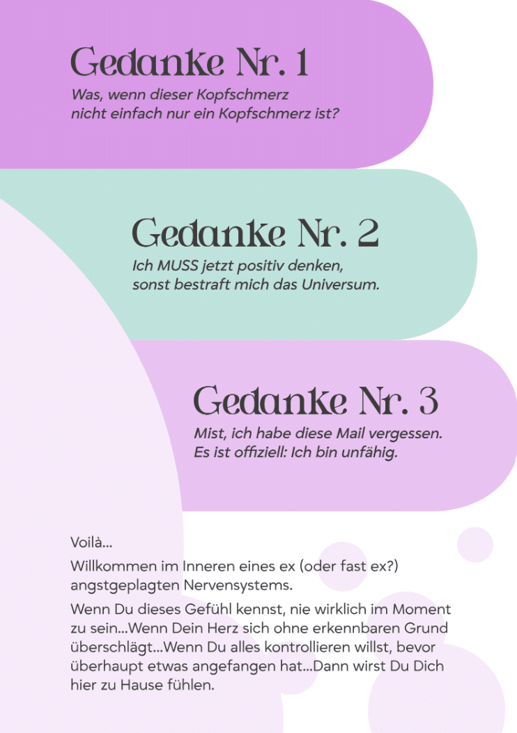 Illustration typischer Angstgedanken und Grübelschleifen. Ein Auszug aus dem E-Book zeigt Katastrophendenken, Selbstzweifel und den inneren Dialog einer Person mit Angstzuständen und Overthinking.