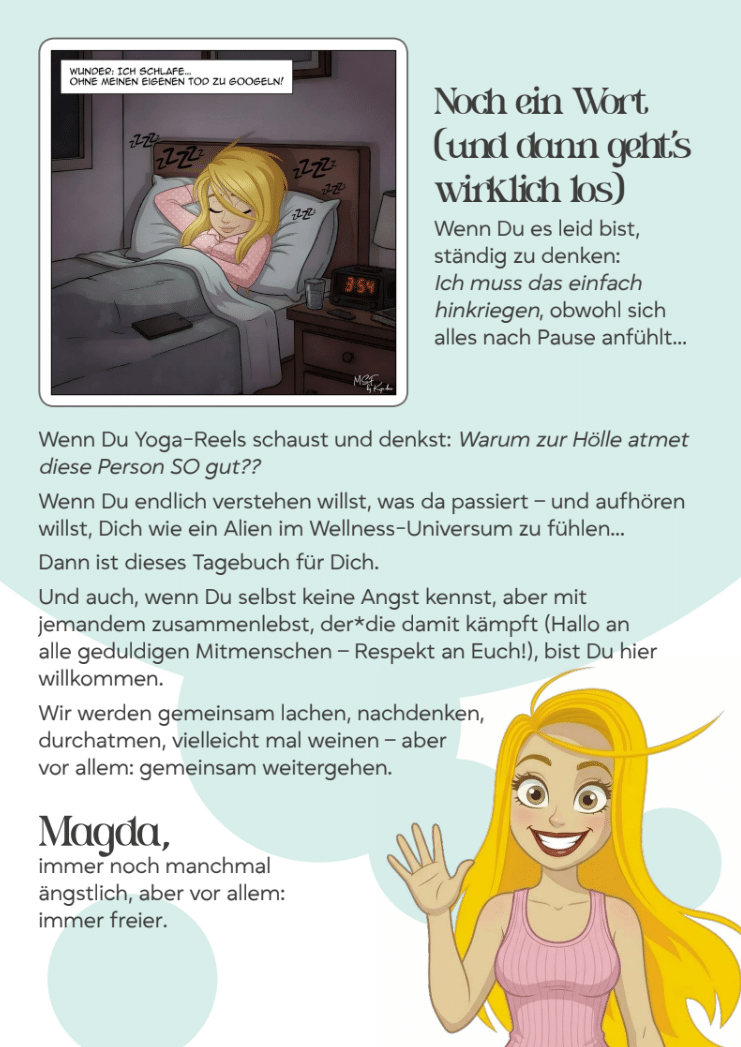 Illustrierte Seite aus dem E-Book über Angst und Panikattacken. Die Autorin begrüsst die Leserinnen und Leser mit Humor, Mitgefühl und Hoffnung und macht Mut, den Weg zu mehr Gelassenheit nicht allein gehen zu müssen.