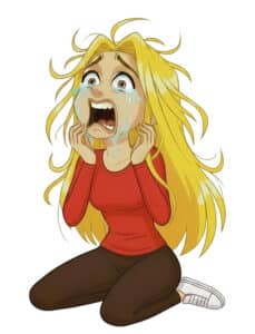 Illustration einer verängstigten Frau während einer Panikattacke. Die blonde Frau wirkt überwältigt von Angst und Stress. Das Bild symbolisiert Angstzustände, Panikattacken, innere Unruhe und den Verlust von Kontrolle.