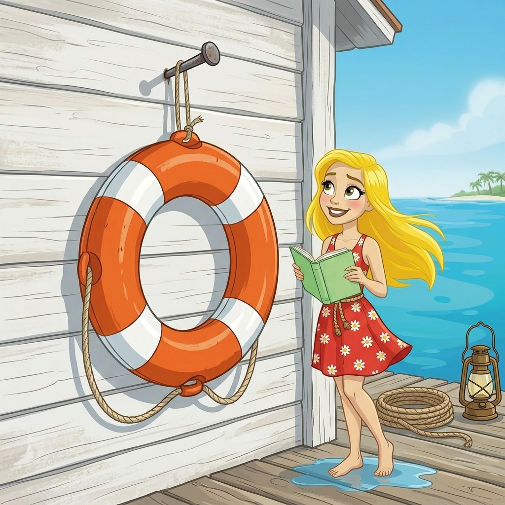 Illustration d’une jeune femme lisant un livre sur un ponton au bord de la mer, à côté d’une grande bouée de sauvetage, représentant le lendemain d'une crise d'angoisse