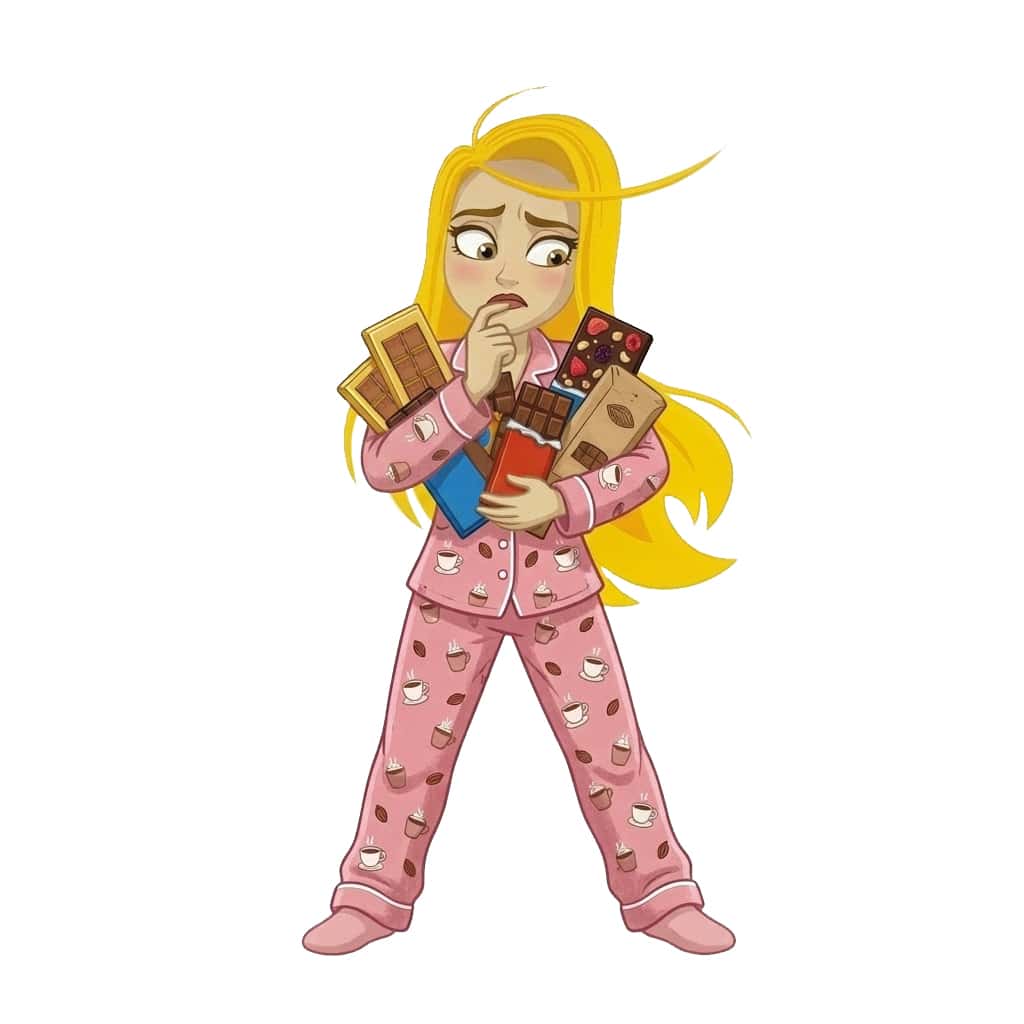 Illustration d’une femme anxieuse en pyjama, les bras chargés de chocolat, cherchant à augmenter la sérotonine naturellement.